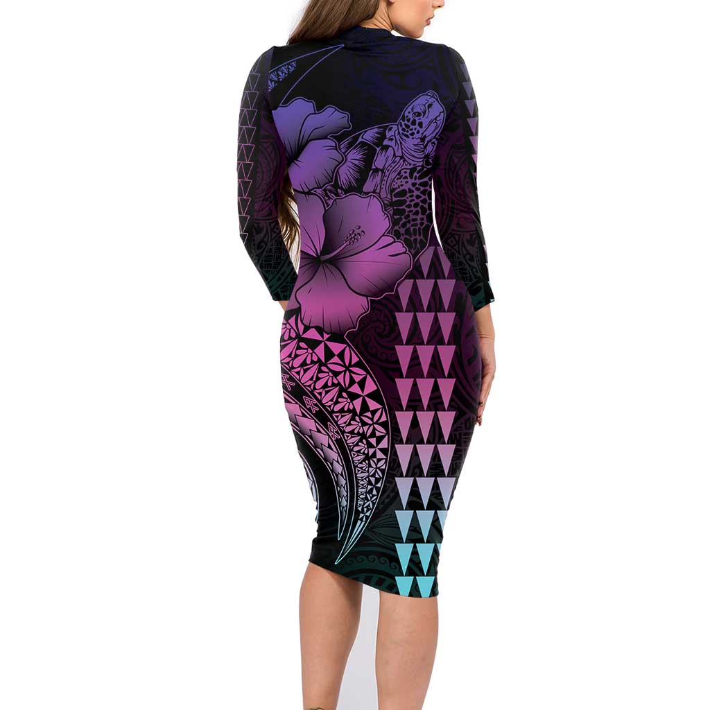 Hawaiian Sea Turtle Family Matching Long Sleeve Bodycon Dress and Hawaiian Shirt Pink Hibiscus Flowers and Kakau Pattern LT9 - Polynesian Pride