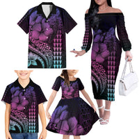 Hawaiian Sea Turtle Family Matching Off The Shoulder Long Sleeve Dress and Hawaiian Shirt Pink Hibiscus Flowers and Kakau Pattern LT9 - Polynesian Pride