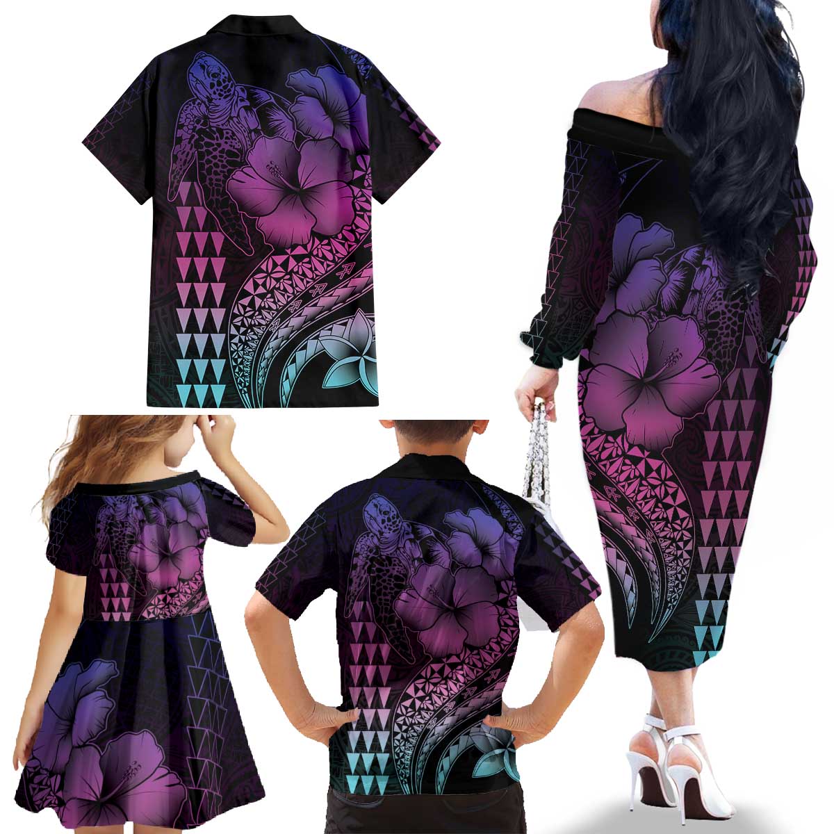 Hawaiian Sea Turtle Family Matching Off The Shoulder Long Sleeve Dress and Hawaiian Shirt Pink Hibiscus Flowers and Kakau Pattern LT9 - Polynesian Pride