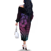 Hawaiian Sea Turtle Family Matching Off The Shoulder Long Sleeve Dress and Hawaiian Shirt Pink Hibiscus Flowers and Kakau Pattern LT9 - Polynesian Pride