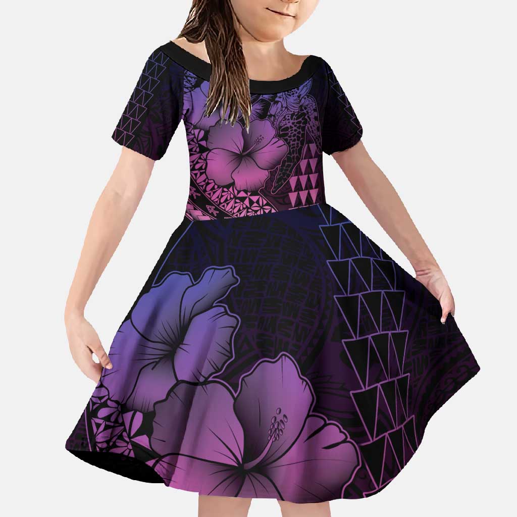 Hawaiian Sea Turtle Family Matching Off Shoulder Maxi Dress and Hawaiian Shirt Pink Hibiscus Flowers and Kakau Pattern LT9 Daughter's Dress Pink - Polynesian Pride