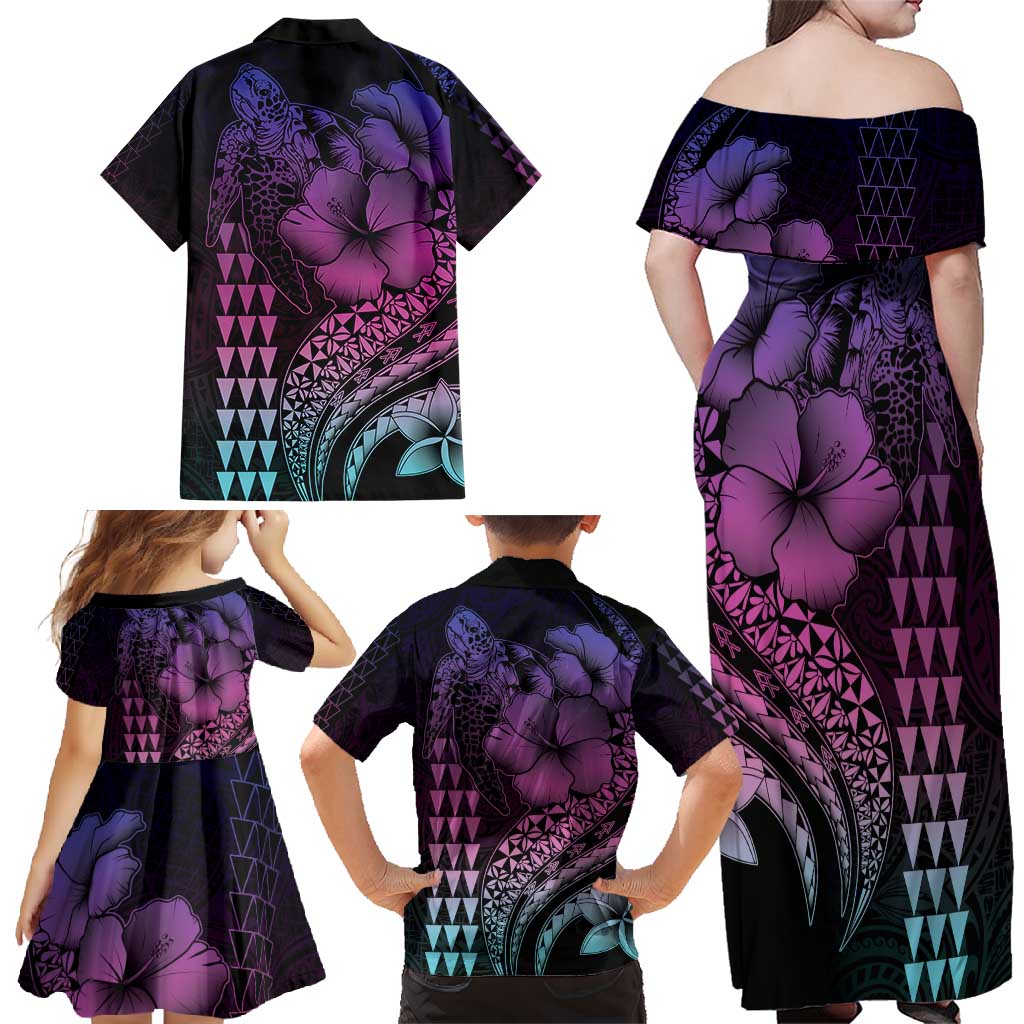 Hawaiian Sea Turtle Family Matching Off Shoulder Maxi Dress and Hawaiian Shirt Pink Hibiscus Flowers and Kakau Pattern LT9 - Polynesian Pride