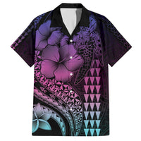 Hawaiian Sea Turtle Family Matching Off Shoulder Maxi Dress and Hawaiian Shirt Pink Hibiscus Flowers and Kakau Pattern LT9 Dad's Shirt - Short Sleeve Pink - Polynesian Pride