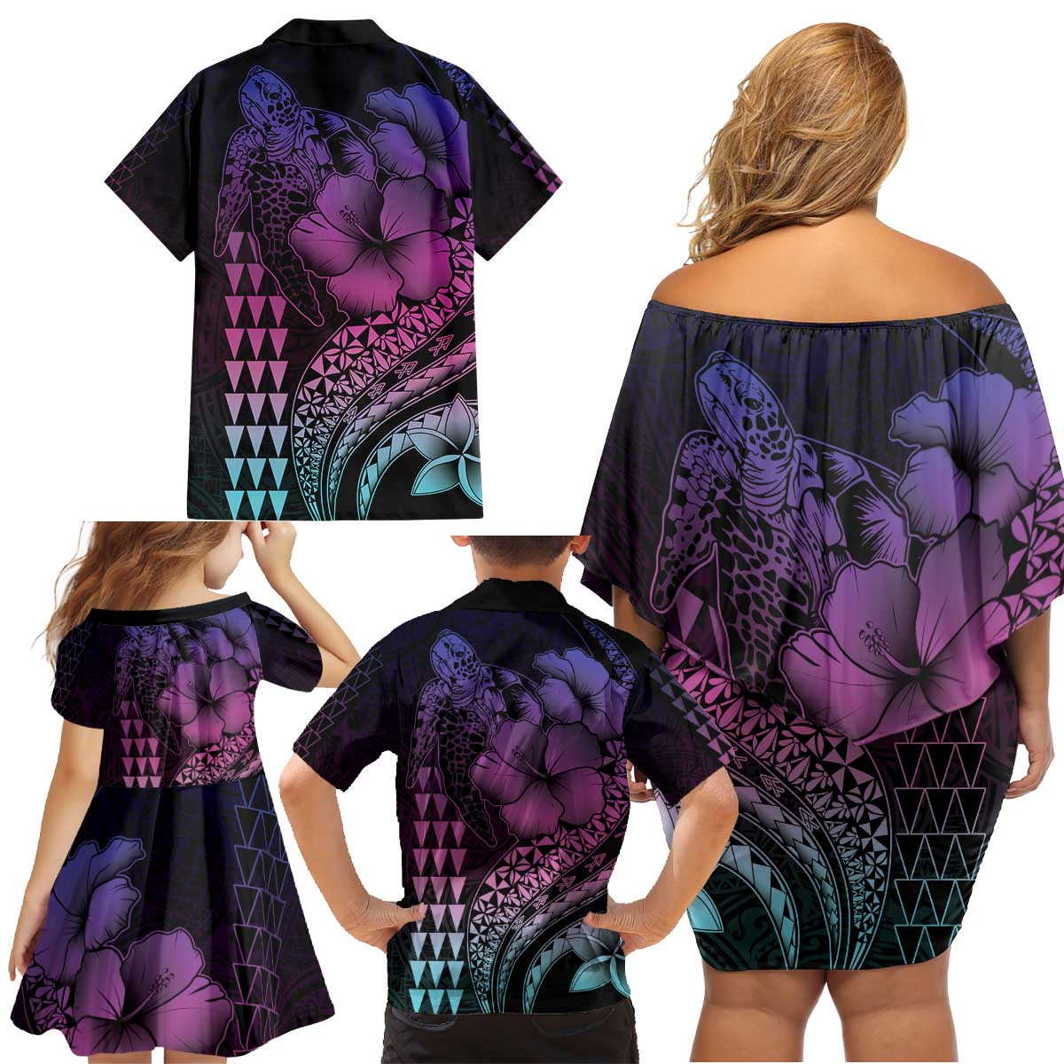 Hawaiian Sea Turtle Family Matching Off Shoulder Short Dress and Hawaiian Shirt Pink Hibiscus Flowers and Kakau Pattern LT9 - Polynesian Pride