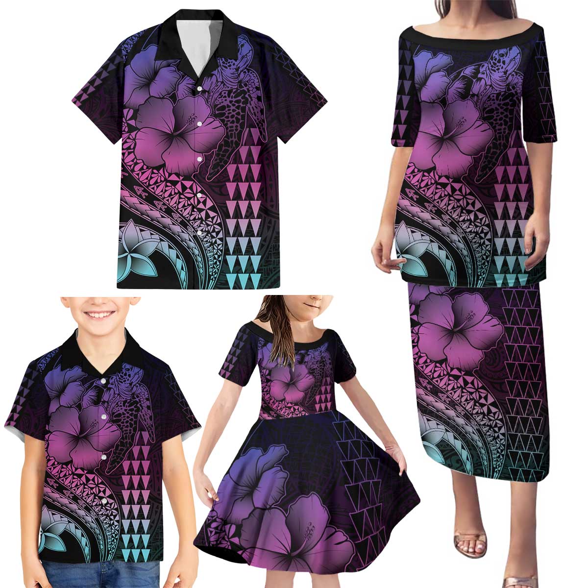 Hawaiian Sea Turtle Family Matching Puletasi and Hawaiian Shirt Pink Hibiscus Flowers and Kakau Pattern LT9 - Polynesian Pride
