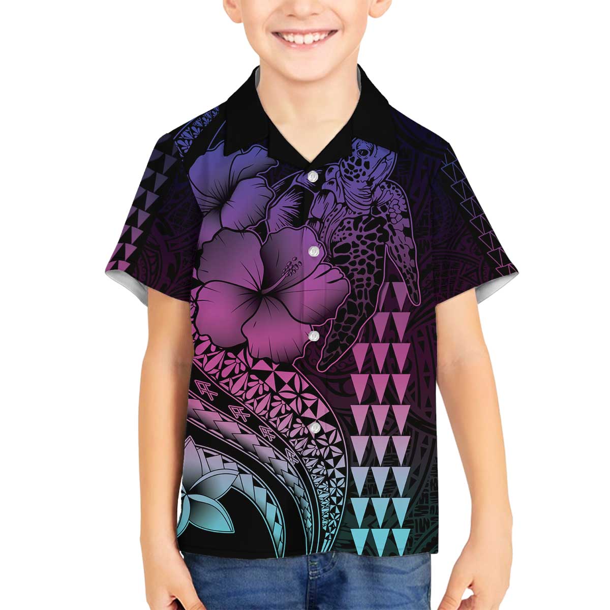Hawaiian Sea Turtle Family Matching Puletasi and Hawaiian Shirt Pink Hibiscus Flowers and Kakau Pattern LT9 Son's Shirt Pink - Polynesian Pride