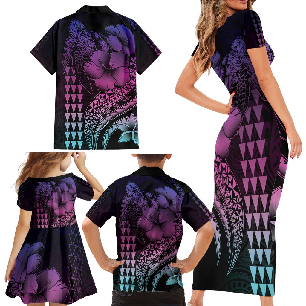 Hawaiian Sea Turtle Family Matching Short Sleeve Bodycon Dress and Hawaiian Shirt Pink Hibiscus Flowers and Kakau Pattern LT9 - Polynesian Pride