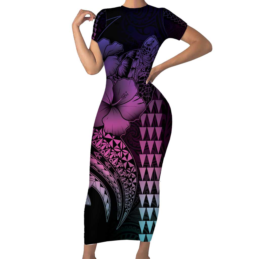 Hawaiian Sea Turtle Family Matching Short Sleeve Bodycon Dress and Hawaiian Shirt Pink Hibiscus Flowers and Kakau Pattern LT9 Mom's Dress Pink - Polynesian Pride