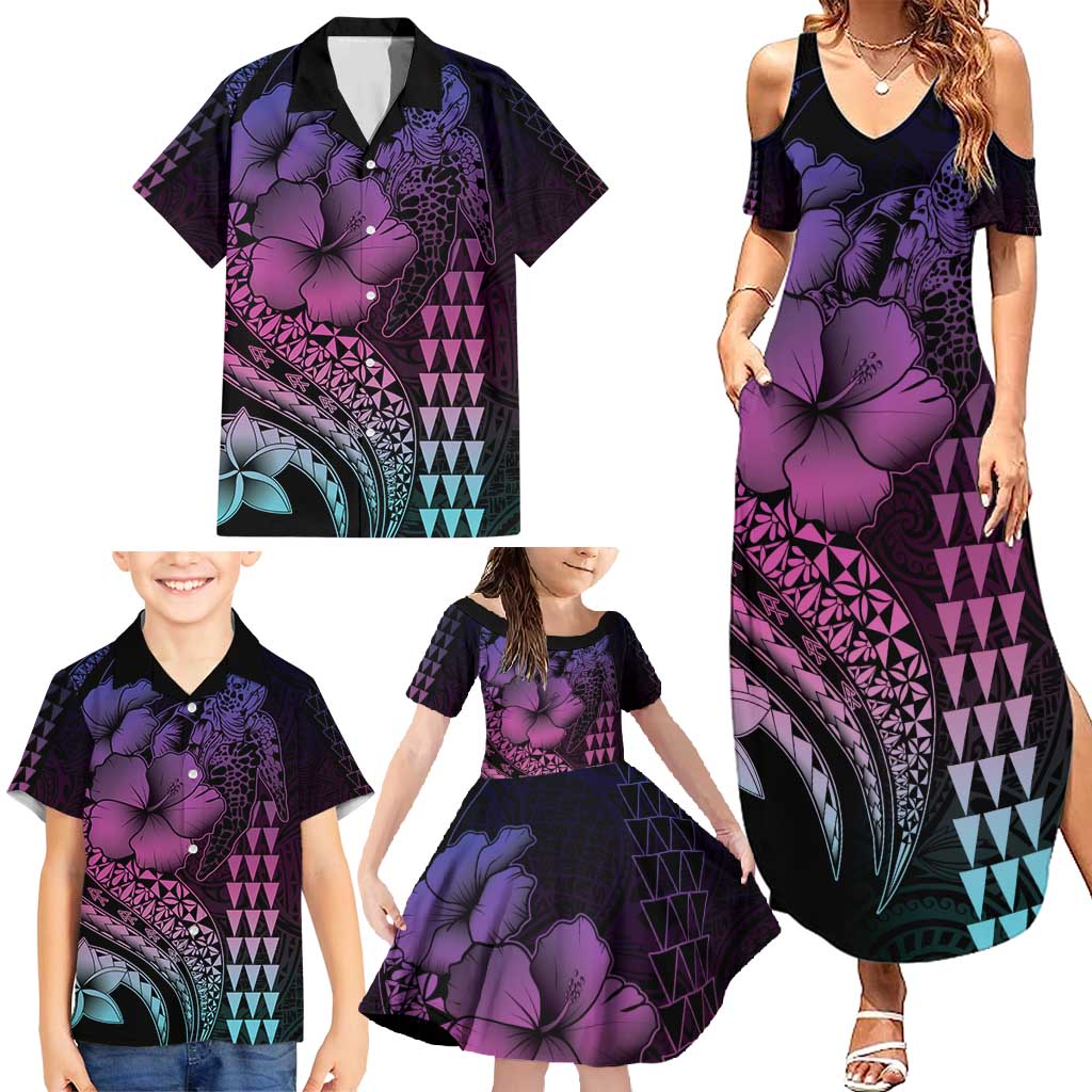 Hawaiian Sea Turtle Family Matching Summer Maxi Dress and Hawaiian Shirt Pink Hibiscus Flowers and Kakau Pattern LT9 - Polynesian Pride