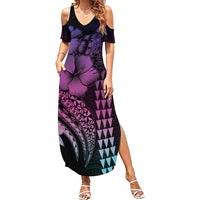 Hawaiian Sea Turtle Family Matching Summer Maxi Dress and Hawaiian Shirt Pink Hibiscus Flowers and Kakau Pattern LT9 Mom's Dress Pink - Polynesian Pride