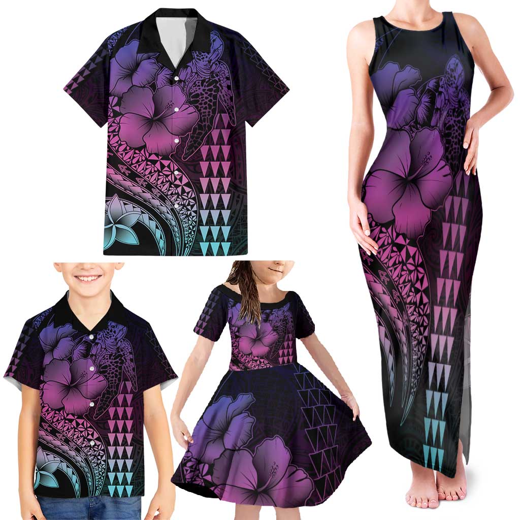 Hawaiian Sea Turtle Family Matching Tank Maxi Dress and Hawaiian Shirt Pink Hibiscus Flowers and Kakau Pattern