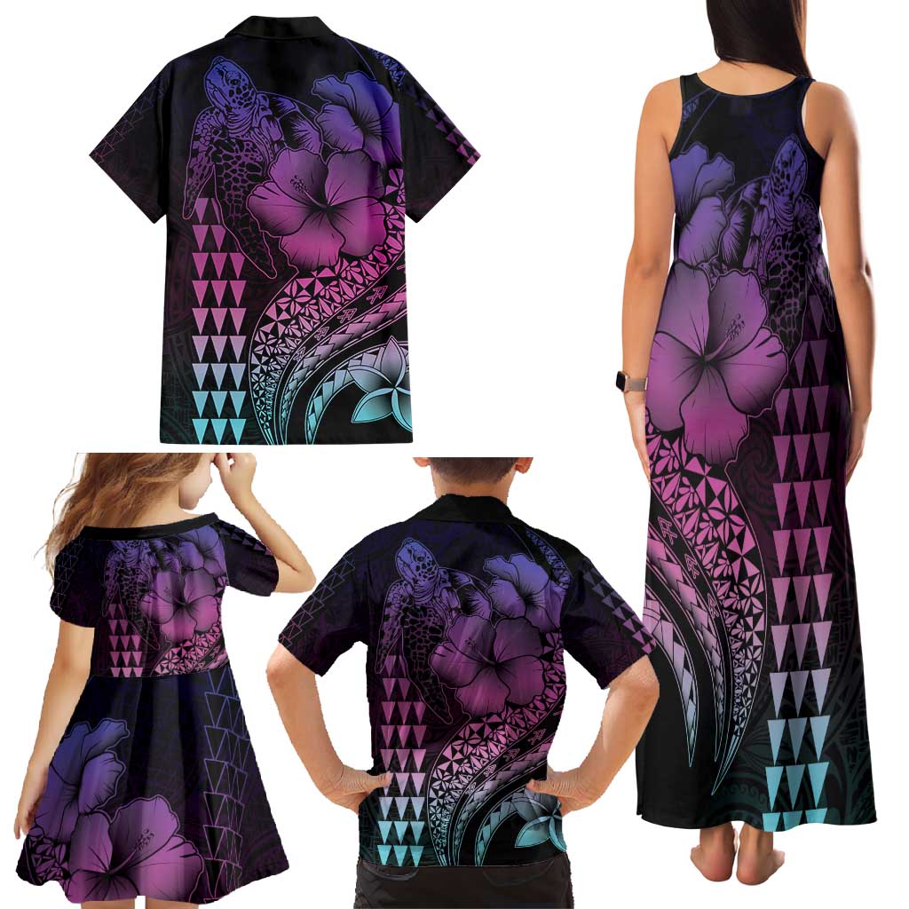 Hawaiian Sea Turtle Family Matching Tank Maxi Dress and Hawaiian Shirt Pink Hibiscus Flowers and Kakau Pattern LT9 - Polynesian Pride