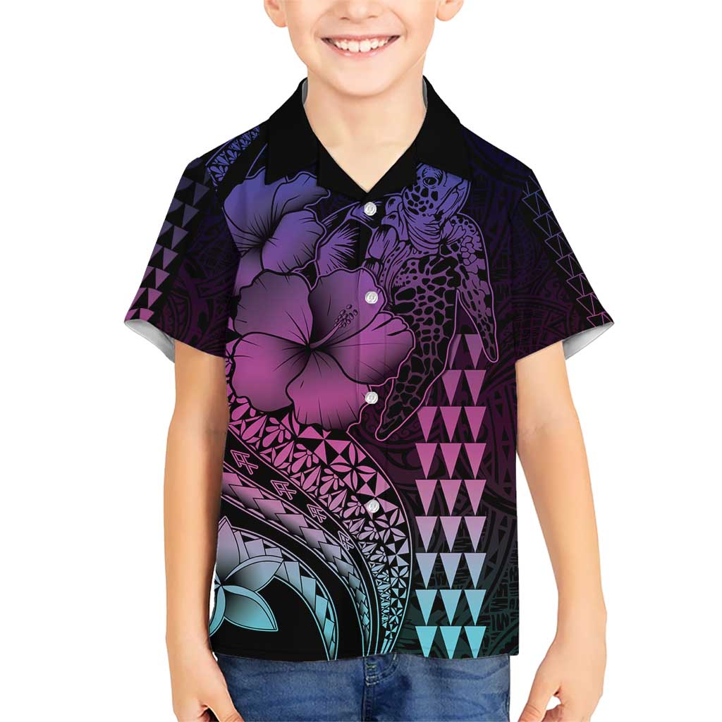 Hawaiian Sea Turtle Kid Hawaiian Shirt Pink Hibiscus Flowers and Kakau Pattern