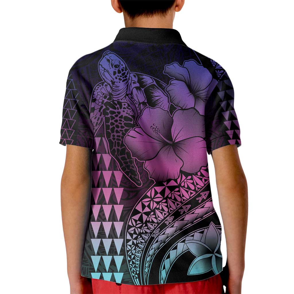 Hawaiian Sea Turtle Kid Polo Shirt Pink Hibiscus Flowers and Kakau Pattern