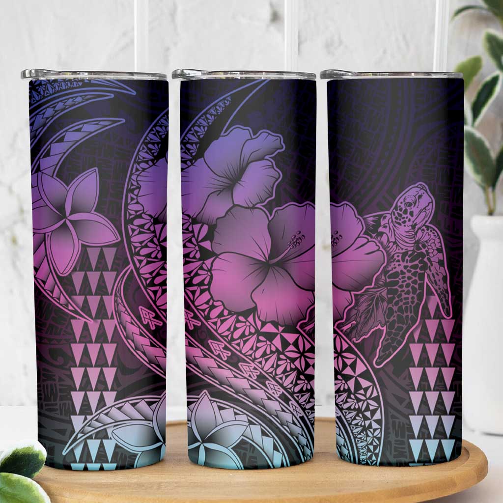 Hawaiian Sea Turtle Skinny Tumbler Pink Hibiscus Flowers and Kakau Pattern LT9 - Polynesian Pride