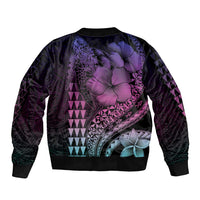 Hawaiian Sea Turtle Sleeve Zip Bomber Jacket Pink Hibiscus Flowers and Kakau Pattern