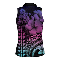 Hawaiian Sea Turtle Women Sleeveless Polo Shirt Pink Hibiscus Flowers and Kakau Pattern LT9 - Polynesian Pride
