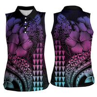Hawaiian Sea Turtle Women Sleeveless Polo Shirt Pink Hibiscus Flowers and Kakau Pattern LT9 - Polynesian Pride