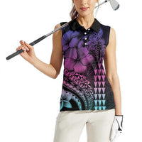 Hawaiian Sea Turtle Women Sleeveless Polo Shirt Pink Hibiscus Flowers and Kakau Pattern LT9 - Polynesian Pride