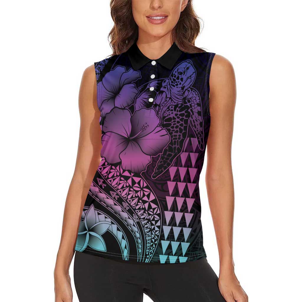 Hawaiian Sea Turtle Women Sleeveless Polo Shirt Pink Hibiscus Flowers and Kakau Pattern LT9 - Polynesian Pride