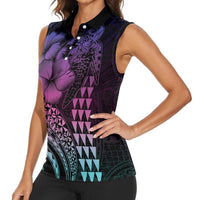 Hawaiian Sea Turtle Women Sleeveless Polo Shirt Pink Hibiscus Flowers and Kakau Pattern LT9 - Polynesian Pride