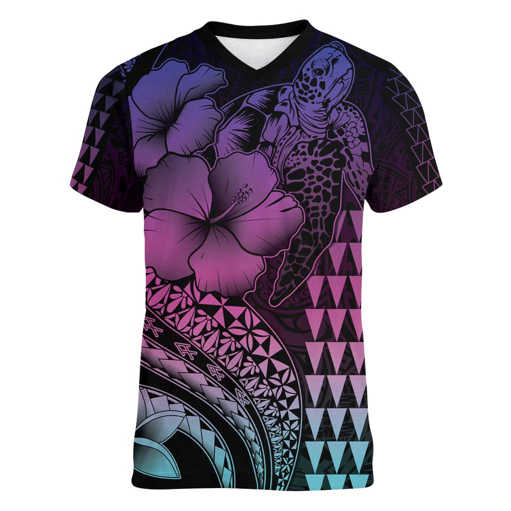 Hawaiian Sea Turtle Women V-Neck T-Shirt Pink Hibiscus Flowers and Kakau Pattern LT9 Female Pink - Polynesian Pride
