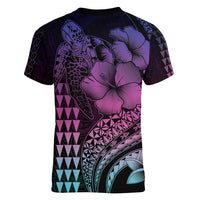 Hawaiian Sea Turtle Women V-Neck T-Shirt Pink Hibiscus Flowers and Kakau Pattern LT9 - Polynesian Pride