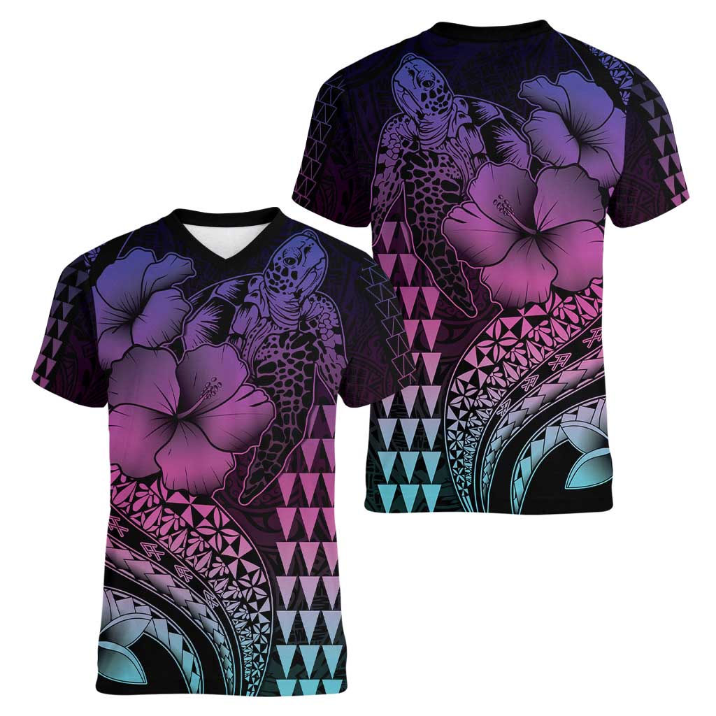 Hawaiian Sea Turtle Women V-Neck T-Shirt Pink Hibiscus Flowers and Kakau Pattern LT9 - Polynesian Pride