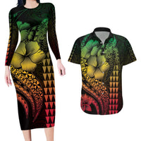 Hawaiian Sea Turtle Couples Matching Long Sleeve Bodycon Dress and Hawaiian Shirt Reggae Hibiscus Flowers and Kakau Pattern LT9 Reggae - Polynesian Pride