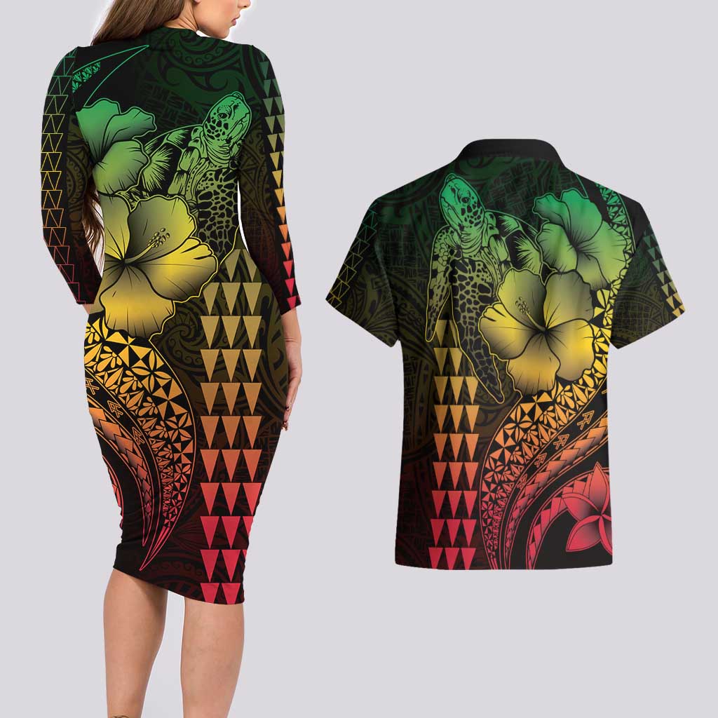 Hawaiian Sea Turtle Couples Matching Long Sleeve Bodycon Dress and Hawaiian Shirt Reggae Hibiscus Flowers and Kakau Pattern LT9 - Polynesian Pride