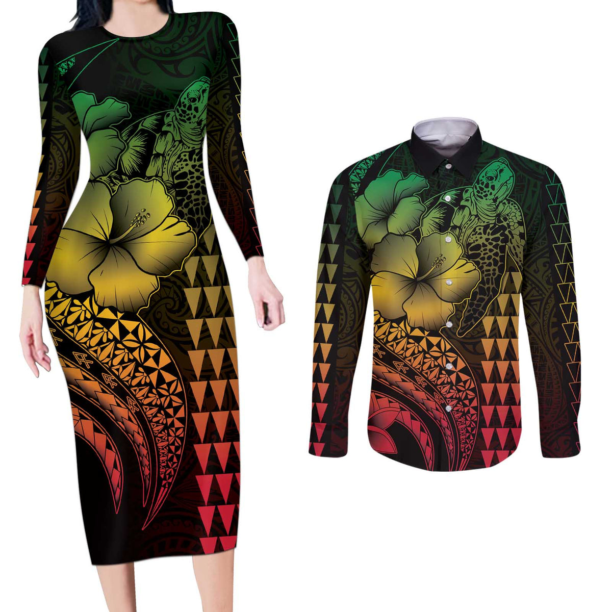 Hawaiian Sea Turtle Couples Matching Long Sleeve Bodycon Dress and Long Sleeve Button Shirt Reggae Hibiscus Flowers and Kakau Pattern LT9 Reggae - Polynesian Pride