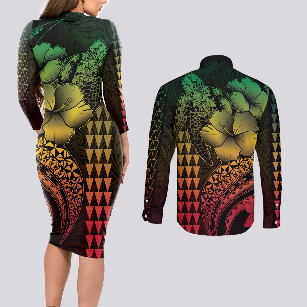 Hawaiian Sea Turtle Couples Matching Long Sleeve Bodycon Dress and Long Sleeve Button Shirt Reggae Hibiscus Flowers and Kakau Pattern LT9 - Polynesian Pride