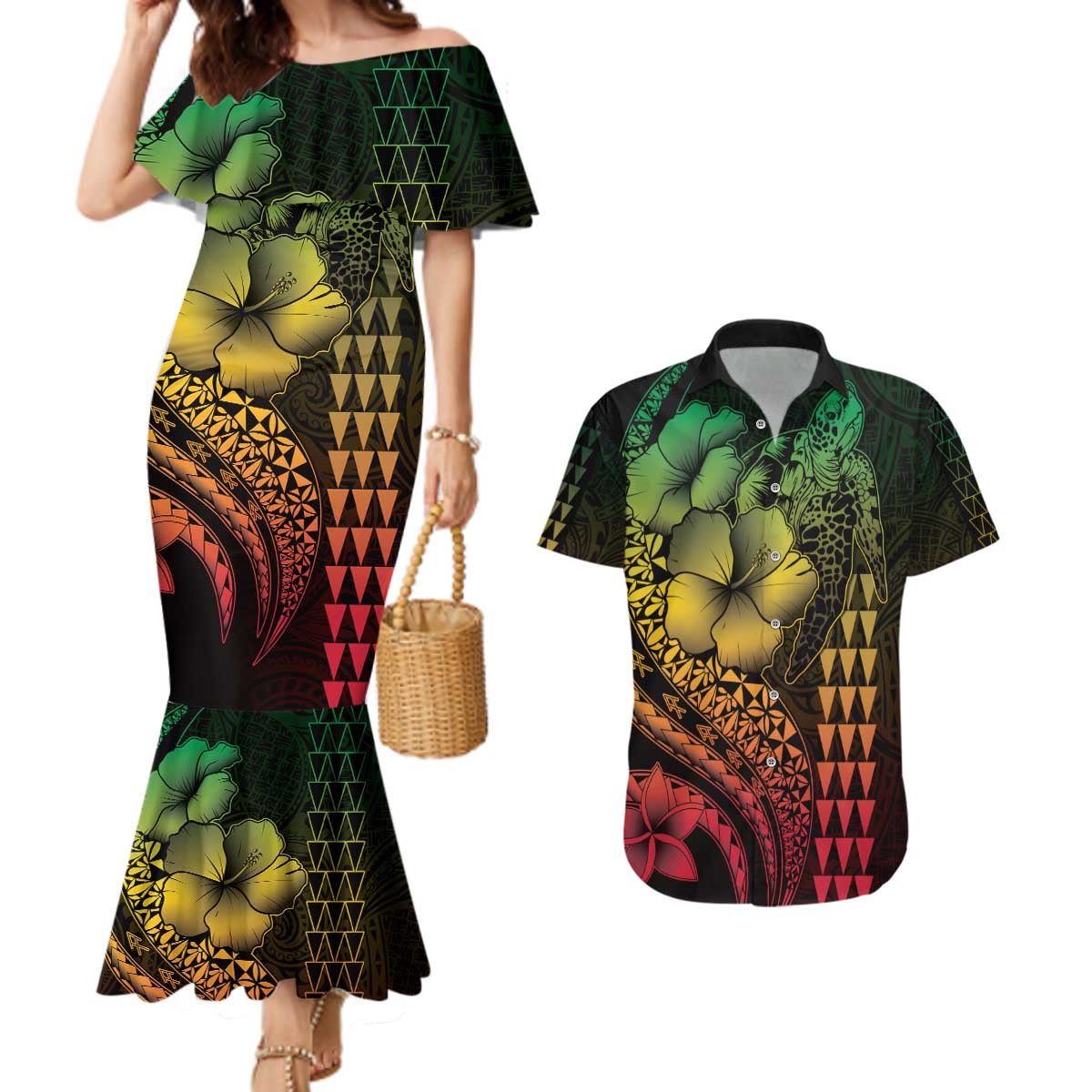 Hawaiian Sea Turtle Couples Matching Mermaid Dress and Hawaiian Shirt Reggae Hibiscus Flowers and Kakau Pattern LT9 Reggae - Polynesian Pride