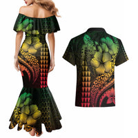 Hawaiian Sea Turtle Couples Matching Mermaid Dress and Hawaiian Shirt Reggae Hibiscus Flowers and Kakau Pattern LT9 - Polynesian Pride