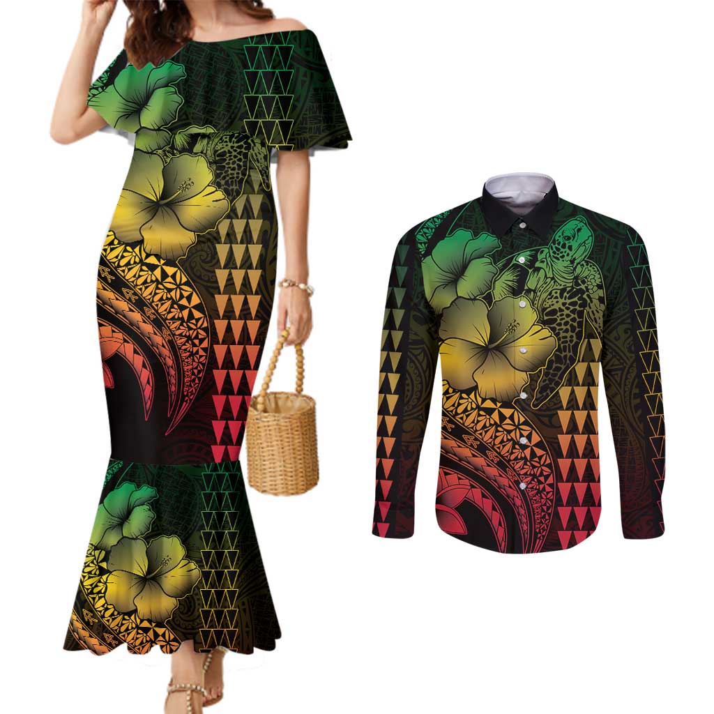 Hawaiian Sea Turtle Couples Matching Mermaid Dress and Long Sleeve Button Shirt Reggae Hibiscus Flowers and Kakau Pattern