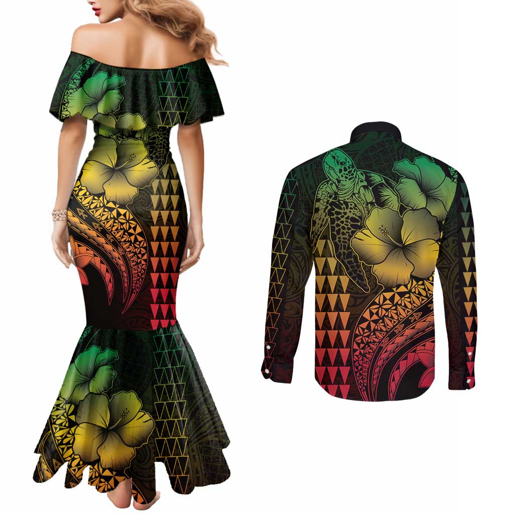Hawaiian Sea Turtle Couples Matching Mermaid Dress and Long Sleeve Button Shirt Reggae Hibiscus Flowers and Kakau Pattern LT9 - Polynesian Pride