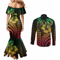 Hawaiian Sea Turtle Couples Matching Mermaid Dress and Long Sleeve Button Shirt Reggae Hibiscus Flowers and Kakau Pattern LT9 - Polynesian Pride
