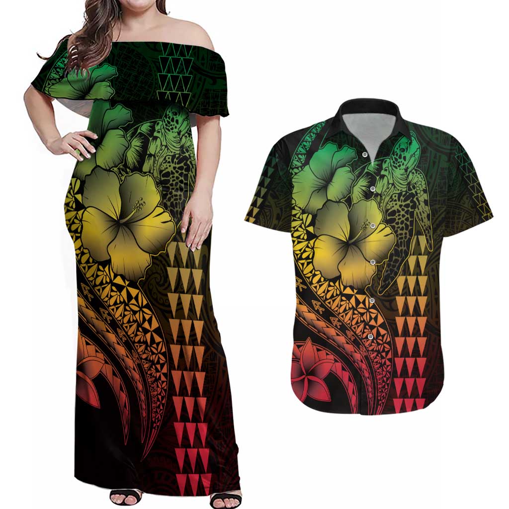 Hawaiian Sea Turtle Couples Matching Off Shoulder Maxi Dress and Hawaiian Shirt Reggae Hibiscus Flowers and Kakau Pattern LT9 Reggae - Polynesian Pride
