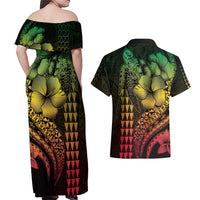 Hawaiian Sea Turtle Couples Matching Off Shoulder Maxi Dress and Hawaiian Shirt Reggae Hibiscus Flowers and Kakau Pattern LT9 - Polynesian Pride