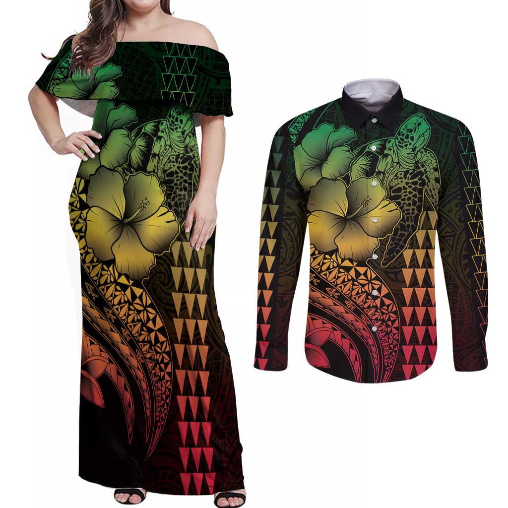 Hawaiian Sea Turtle Couples Matching Off Shoulder Maxi Dress and Long Sleeve Button Shirt Reggae Hibiscus Flowers and Kakau Pattern LT9 Reggae - Polynesian Pride