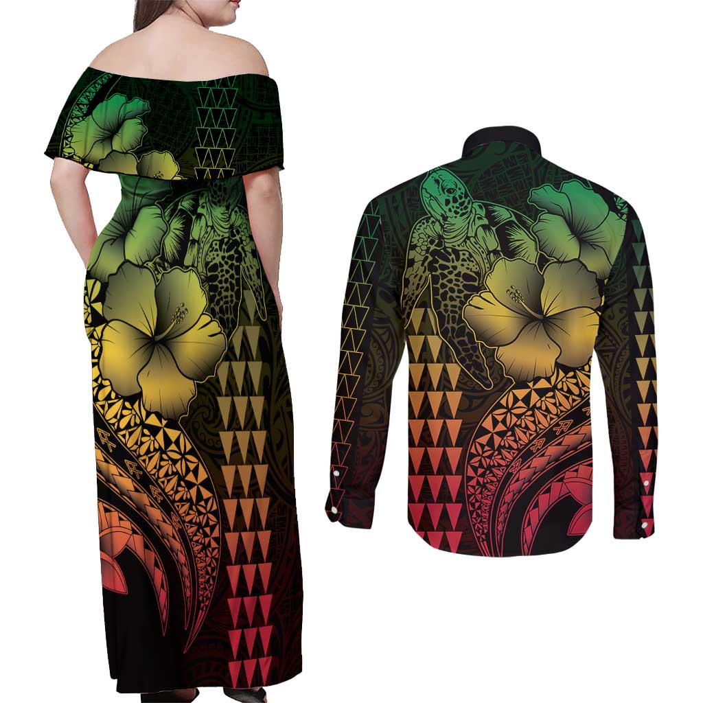 Hawaiian Sea Turtle Couples Matching Off Shoulder Maxi Dress and Long Sleeve Button Shirt Reggae Hibiscus Flowers and Kakau Pattern LT9 - Polynesian Pride