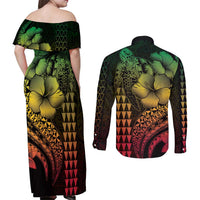 Hawaiian Sea Turtle Couples Matching Off Shoulder Maxi Dress and Long Sleeve Button Shirt Reggae Hibiscus Flowers and Kakau Pattern LT9 - Polynesian Pride