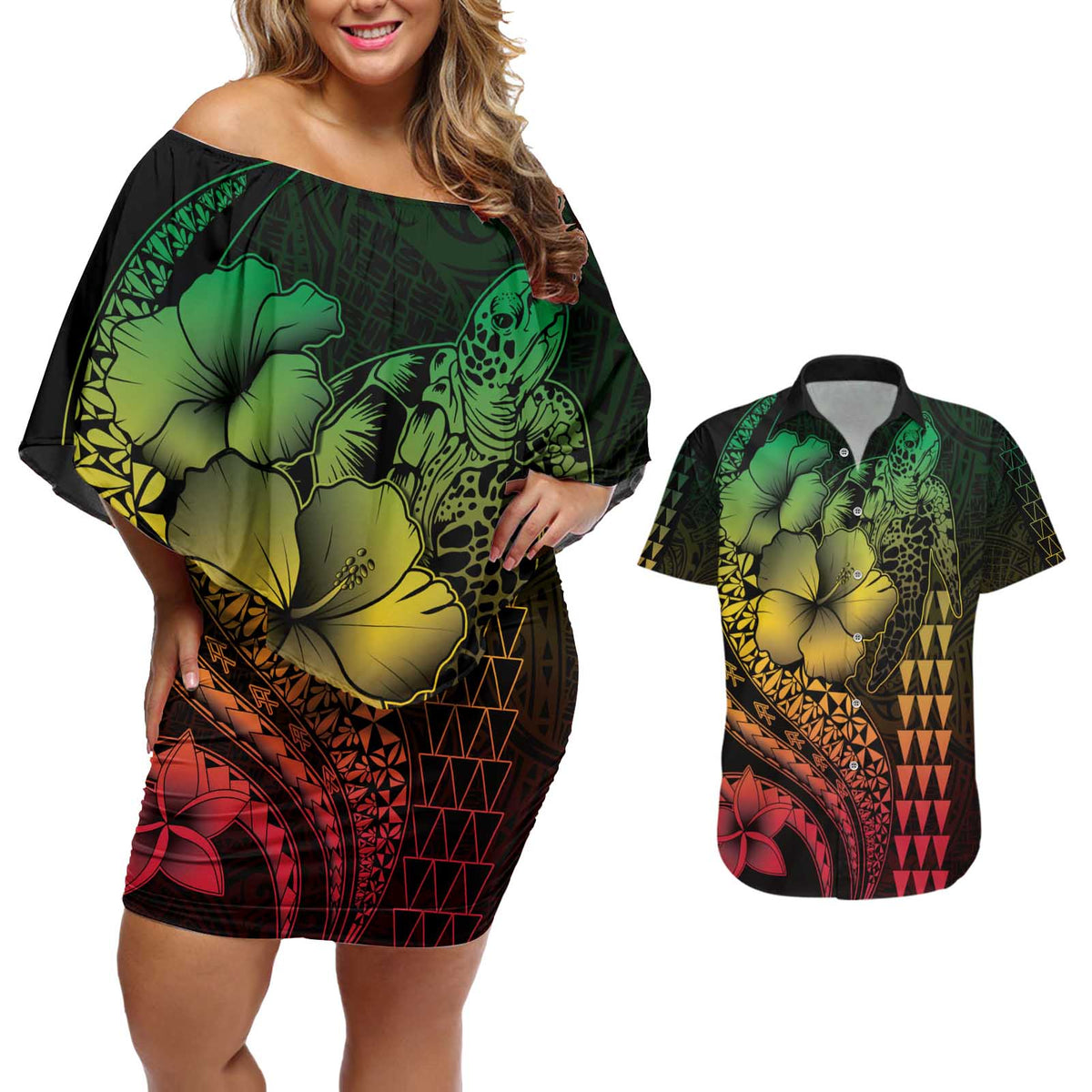 Hawaiian Sea Turtle Couples Matching Off Shoulder Short Dress and Hawaiian Shirt Reggae Hibiscus Flowers and Kakau Pattern LT9 Reggae - Polynesian Pride