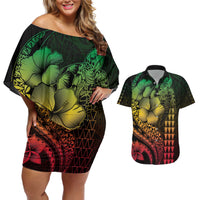Hawaiian Sea Turtle Couples Matching Off Shoulder Short Dress and Hawaiian Shirt Reggae Hibiscus Flowers and Kakau Pattern LT9 Reggae - Polynesian Pride