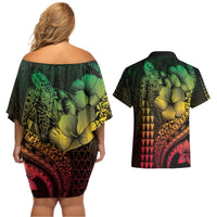 Hawaiian Sea Turtle Couples Matching Off Shoulder Short Dress and Hawaiian Shirt Reggae Hibiscus Flowers and Kakau Pattern LT9 - Polynesian Pride