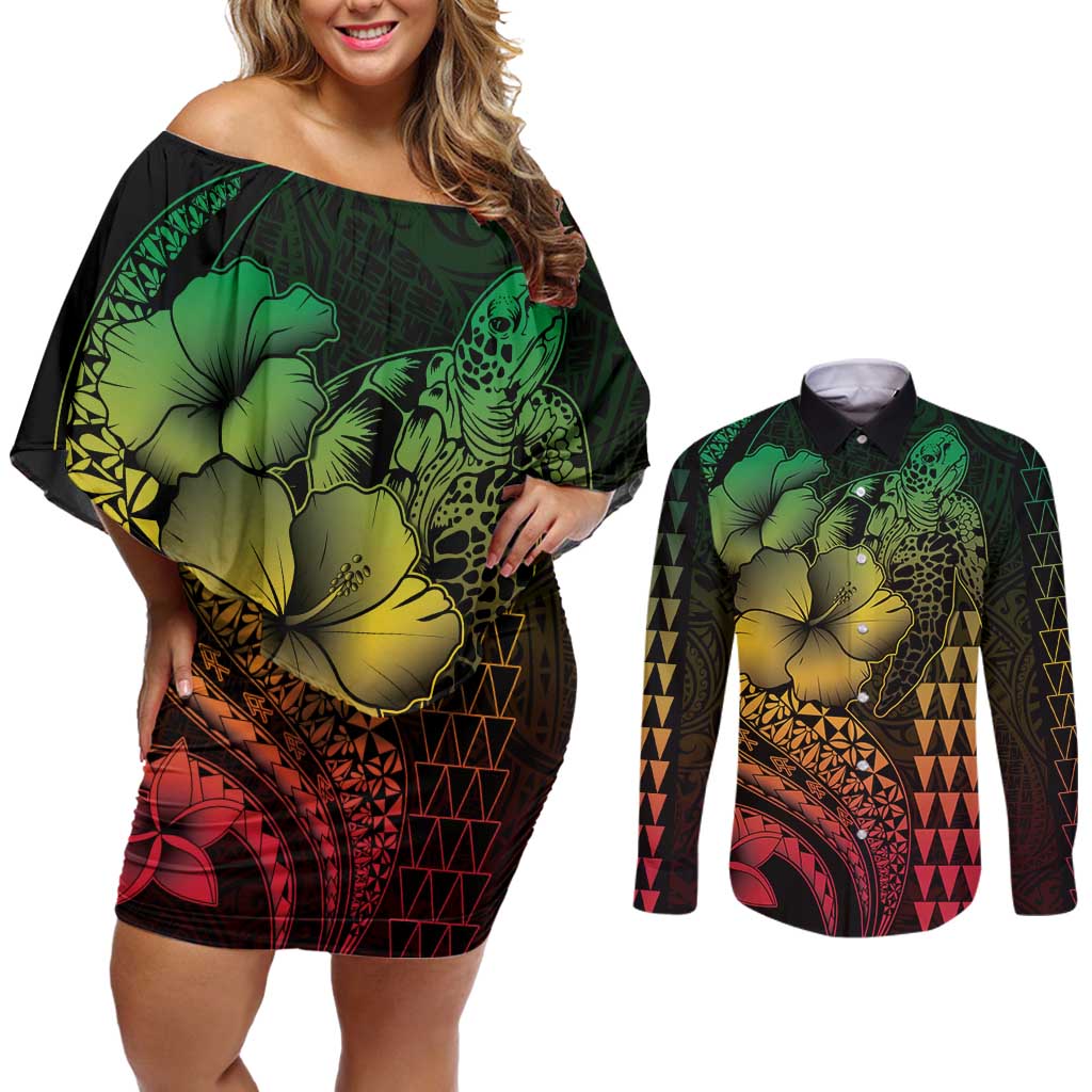 Hawaiian Sea Turtle Couples Matching Off Shoulder Short Dress and Long Sleeve Button Shirt Reggae Hibiscus Flowers and Kakau Pattern LT9 Reggae - Polynesian Pride