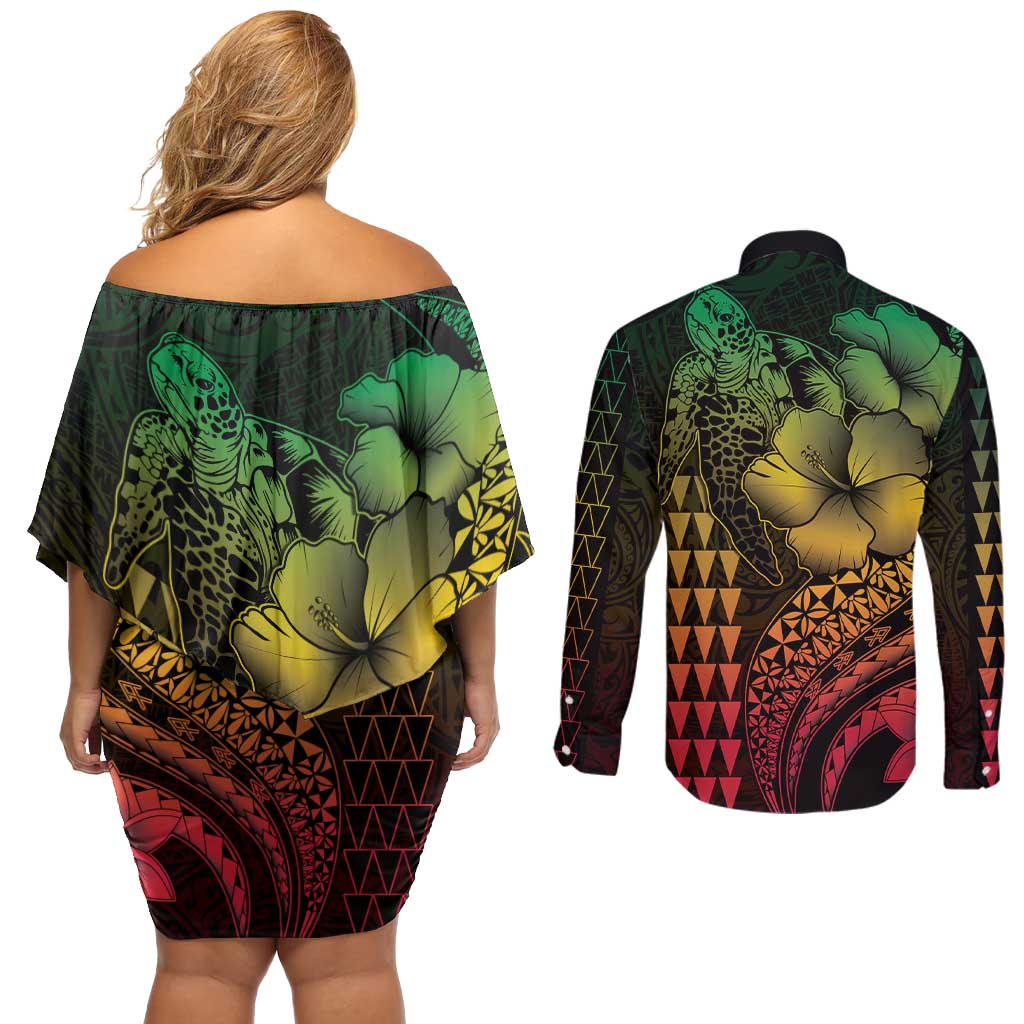 Hawaiian Sea Turtle Couples Matching Off Shoulder Short Dress and Long Sleeve Button Shirt Reggae Hibiscus Flowers and Kakau Pattern LT9 - Polynesian Pride