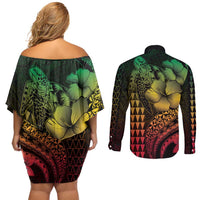 Hawaiian Sea Turtle Couples Matching Off Shoulder Short Dress and Long Sleeve Button Shirt Reggae Hibiscus Flowers and Kakau Pattern LT9 - Polynesian Pride