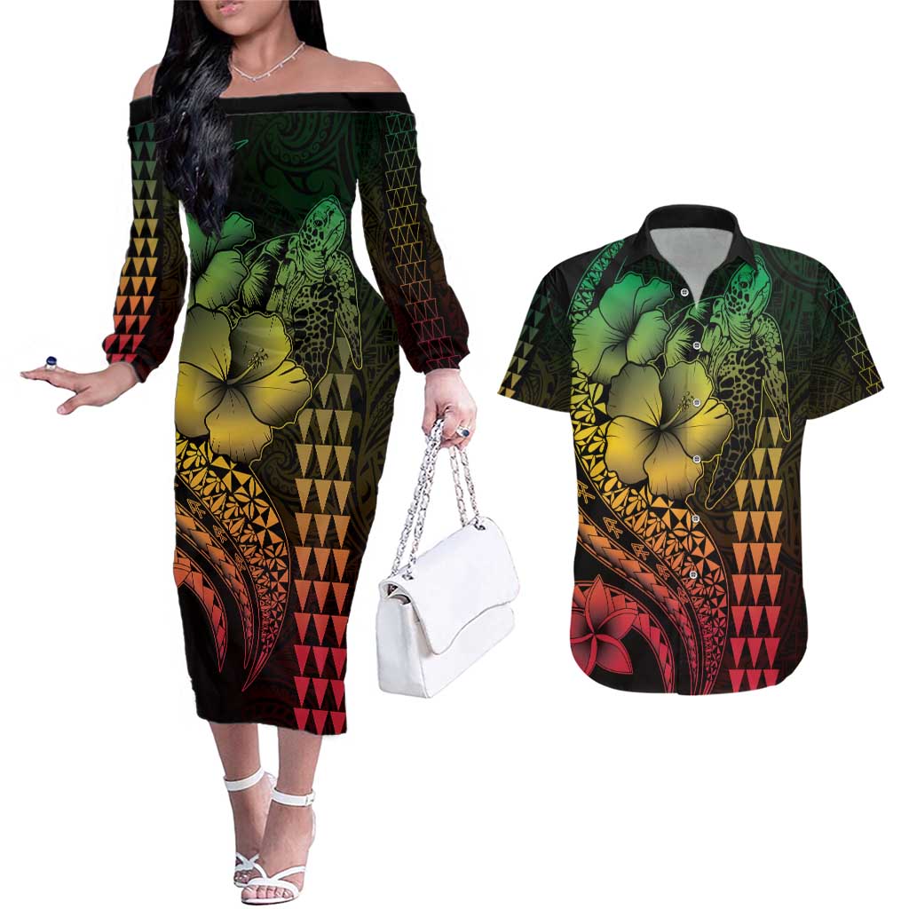 Hawaiian Sea Turtle Couples Matching Off The Shoulder Long Sleeve Dress and Hawaiian Shirt Reggae Hibiscus Flowers and Kakau Pattern