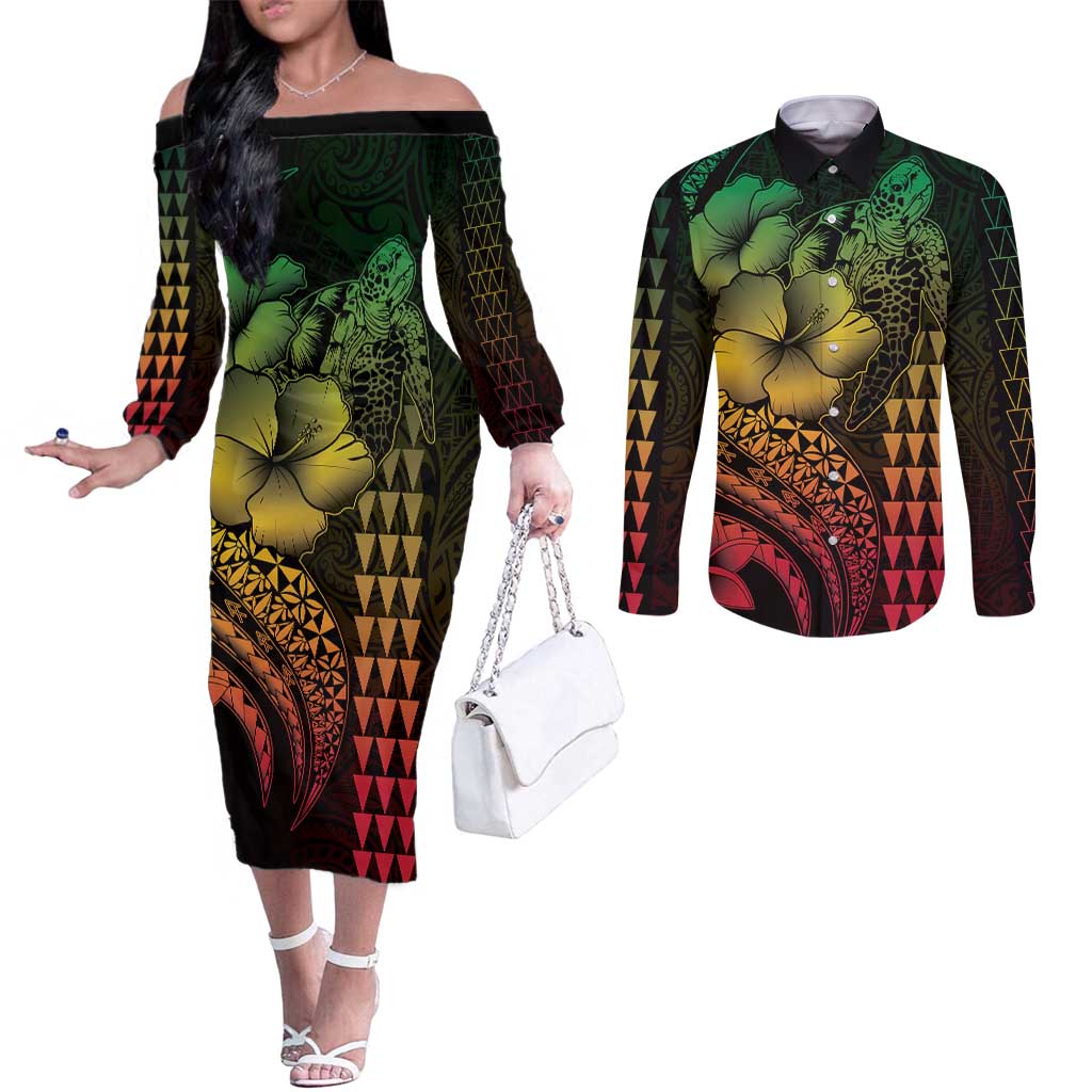 Hawaiian Sea Turtle Couples Matching Off The Shoulder Long Sleeve Dress and Long Sleeve Button Shirt Reggae Hibiscus Flowers and Kakau Pattern LT9 Reggae - Polynesian Pride